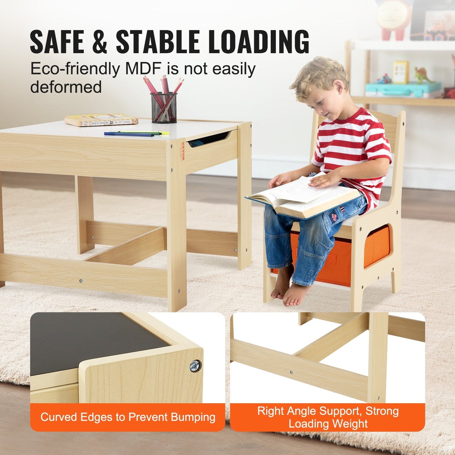 Kids Wooden Activity Table & Chair Set with Storage, Light Wood Color