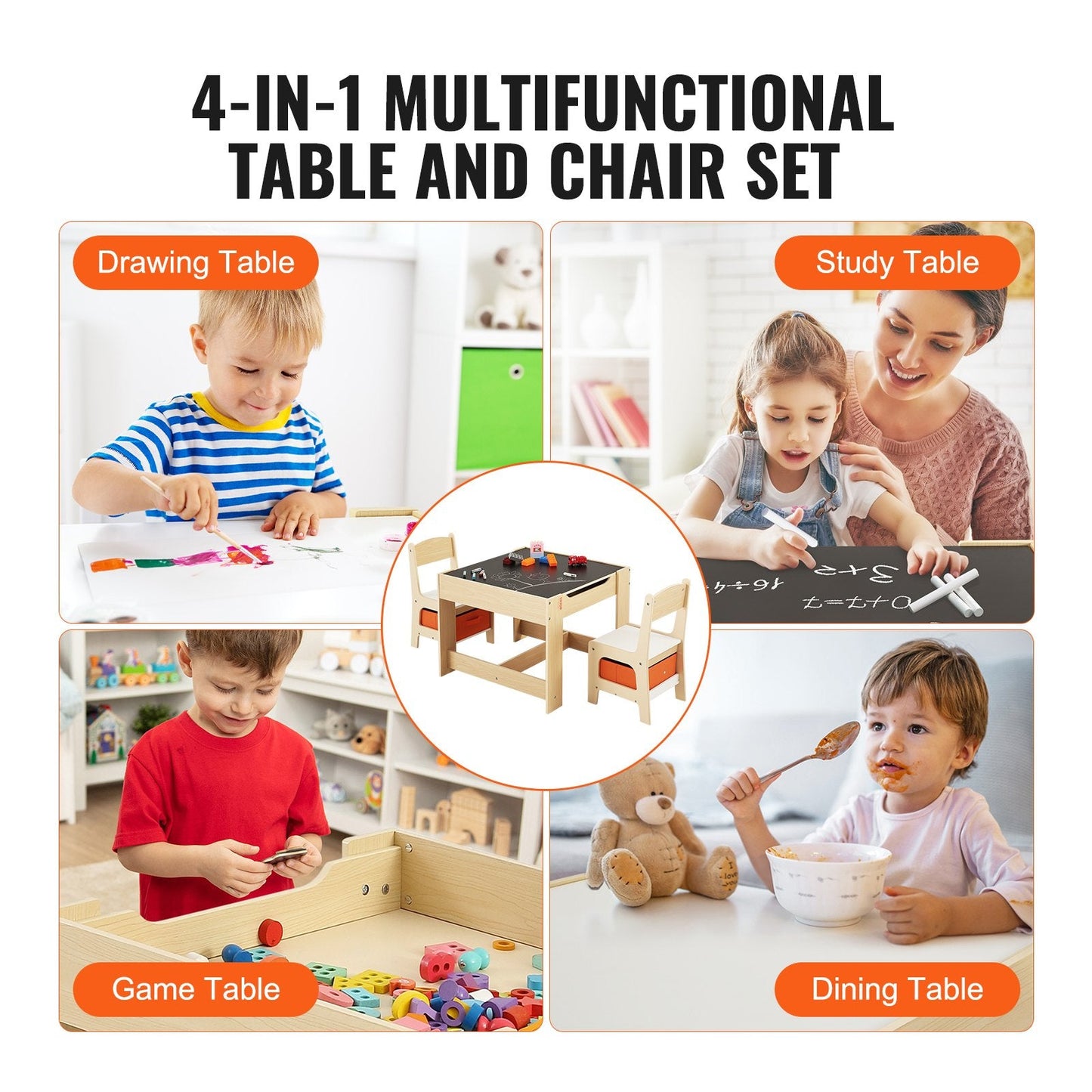 Kids Wooden Activity Table & Chair Set with Storage, Light Wood Color