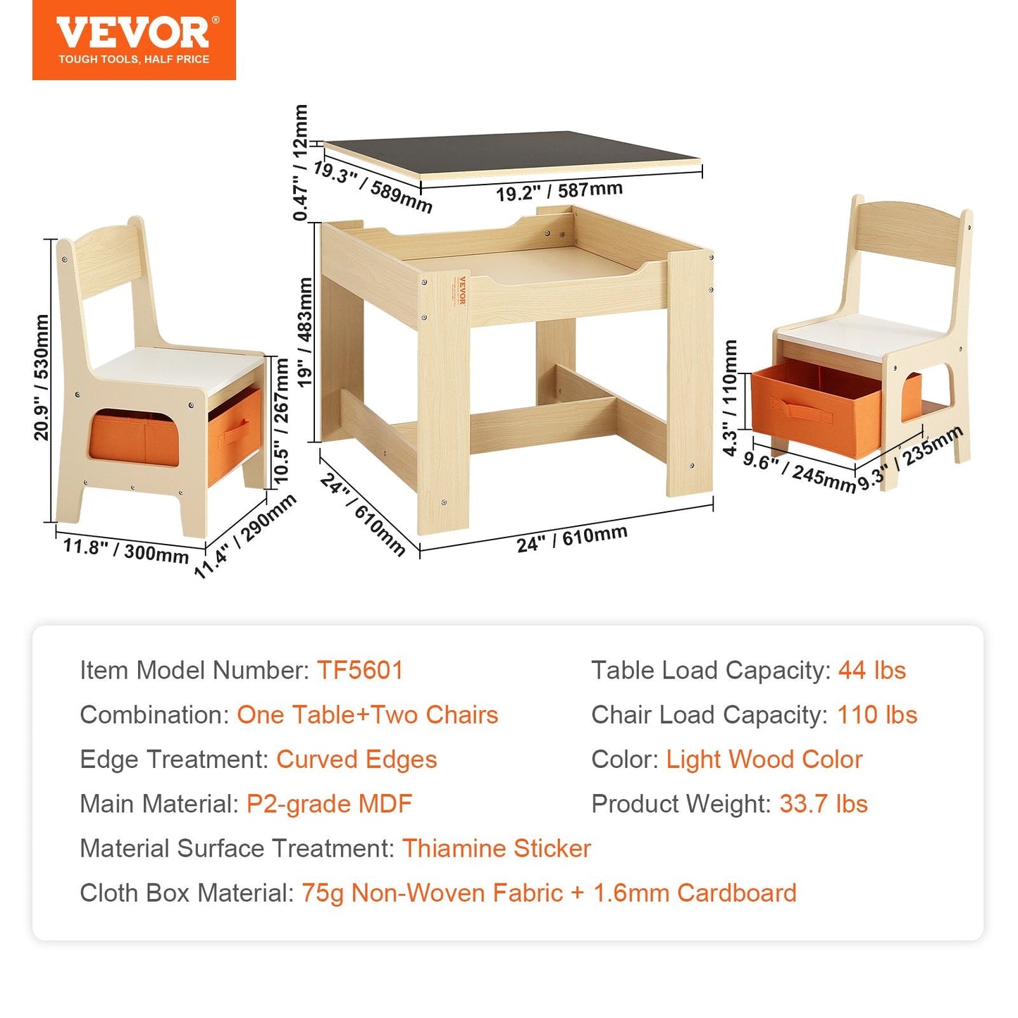 Kids Wooden Activity Table & Chair Set with Storage, Light Wood Color