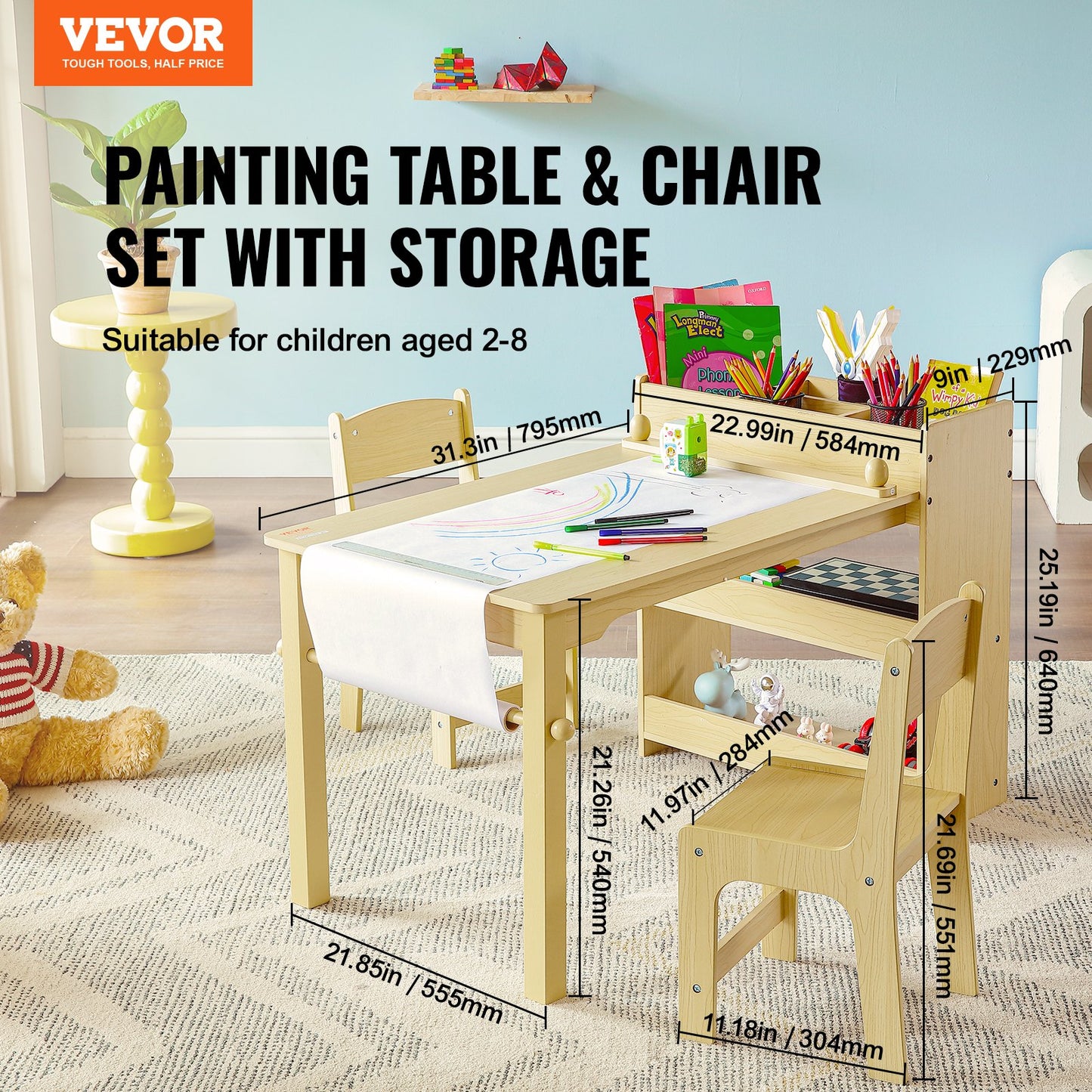 VEVOR Kids Art Table and 2 Chairs Toddler Craft and Play Table with A Cabinet