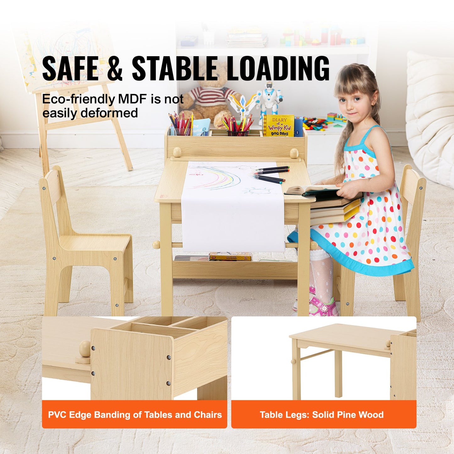 VEVOR Kids Art Table and 2 Chairs Toddler Craft and Play Table with A Cabinet