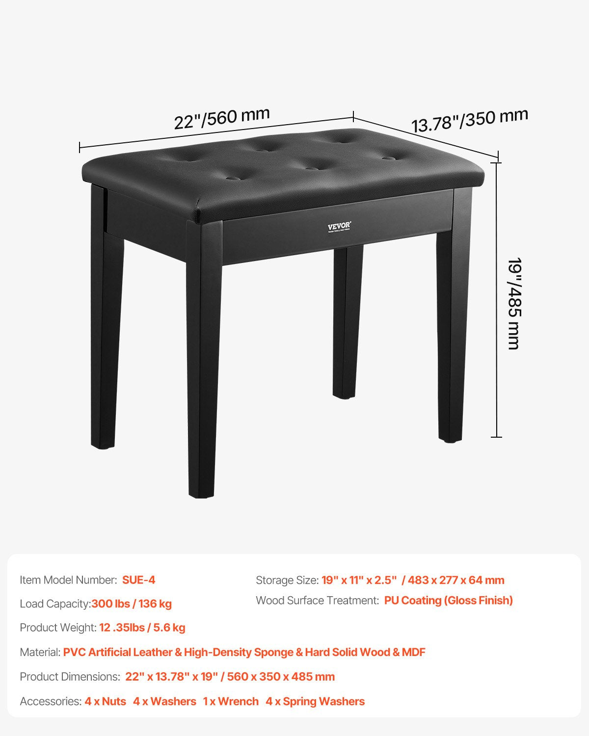 VEVOR Piano Keyboard Bench Storage Padded Seat Wooden Vanity Bookcase Stool