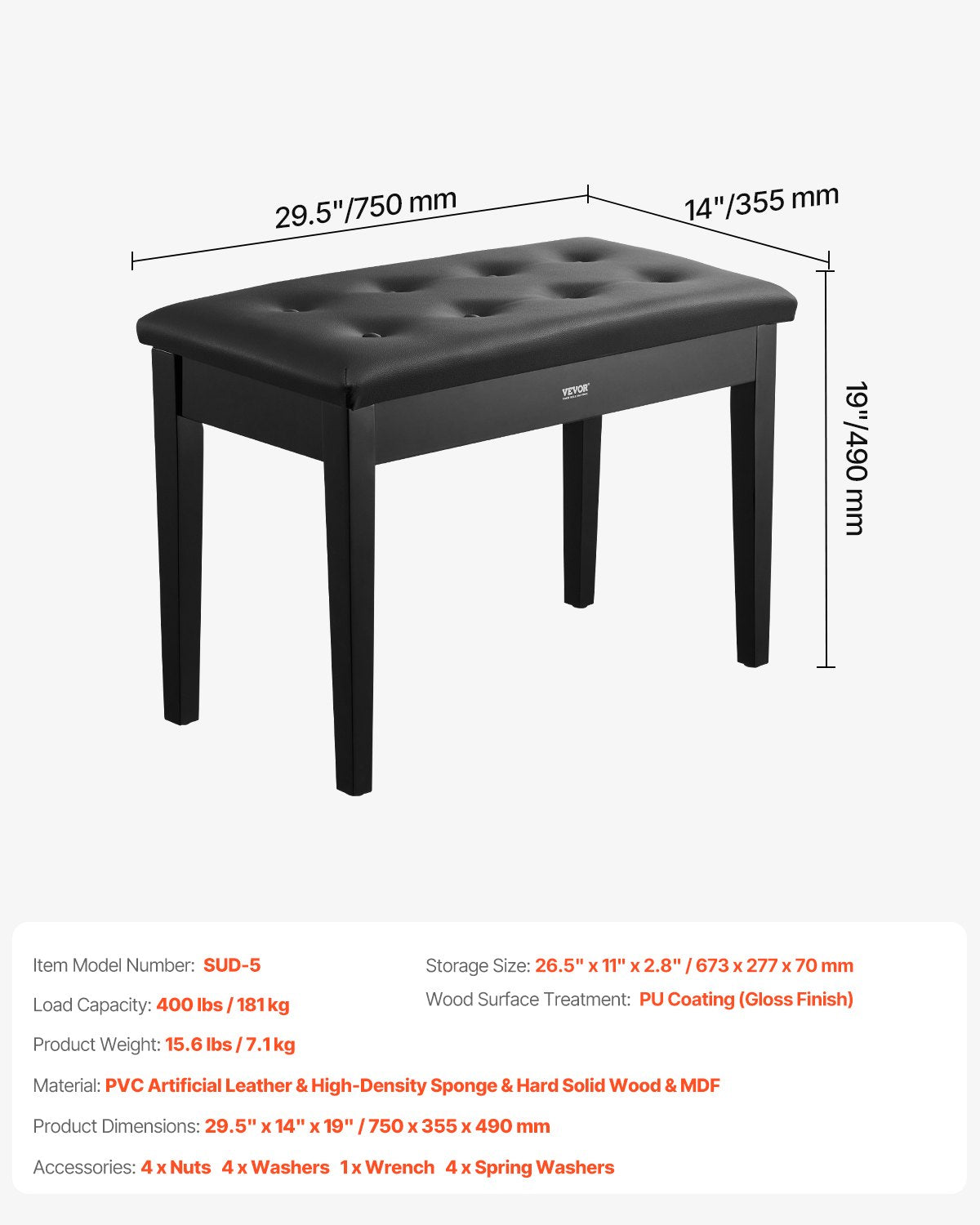 VEVOR Duet Piano Keyboard Bench Storage Padded Seat Wooden Vanity Bookcase Stool
