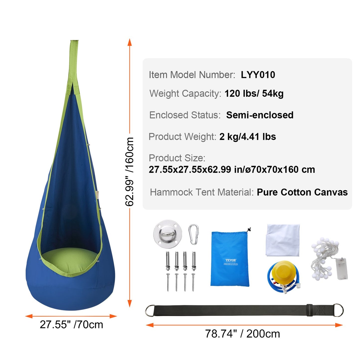 VEVOR Kids Pod Swing Seat, Hanging Hammock Chair with LED Lights Strings, Inflatable
