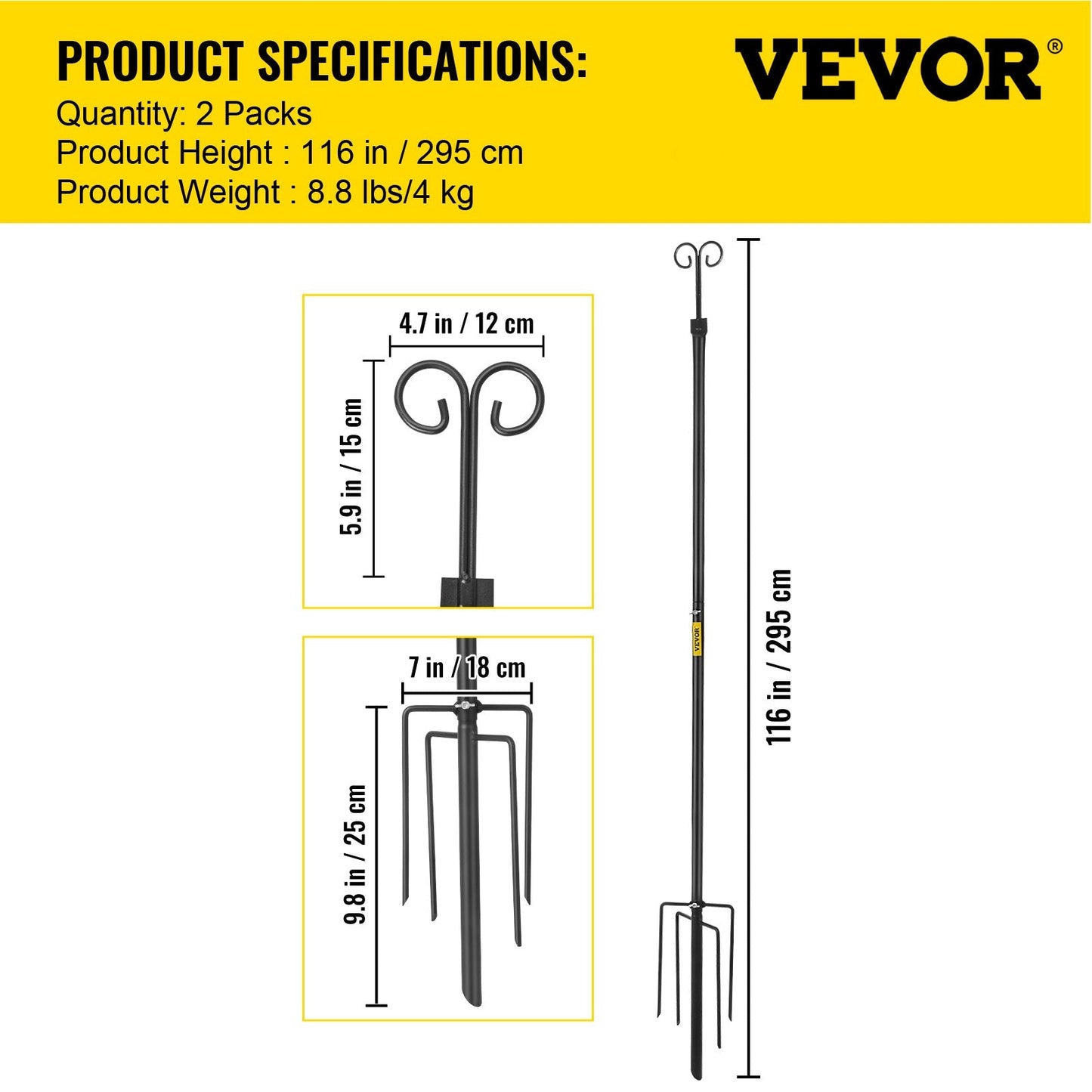 Outdoor Stainless Steel Light Poles with Hooks, 2 Pack, 2.95 m, Black