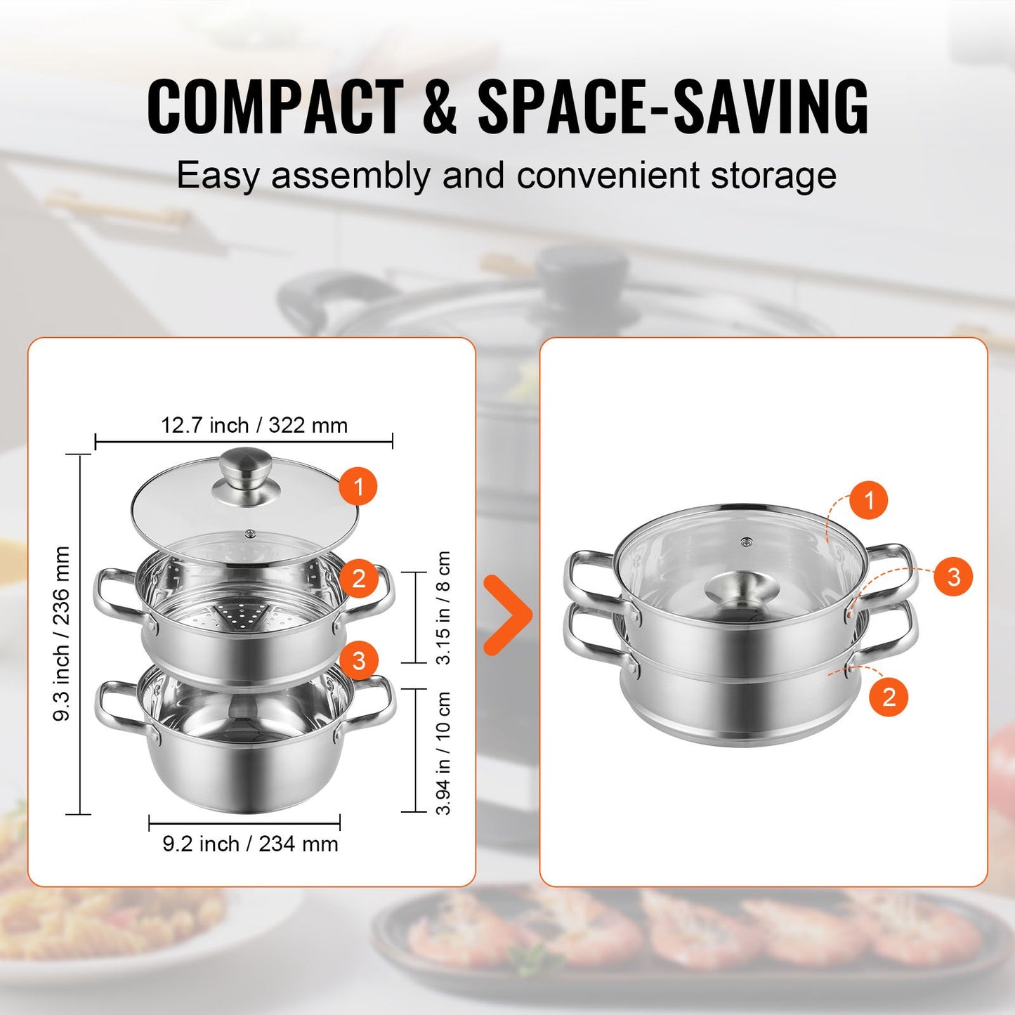 VEVOR Steamer Pot, 22cm Steamer Pot for Cooking with 3QT Stock Pot and Vegetable