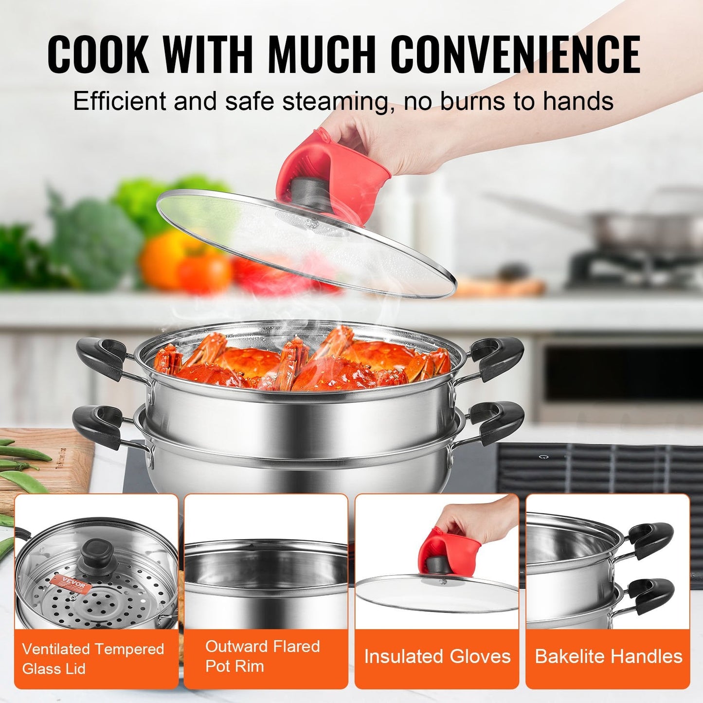 28 cm Stainless Steel Steamer Pot Set with 3QT Stock Pot and Glass Lid