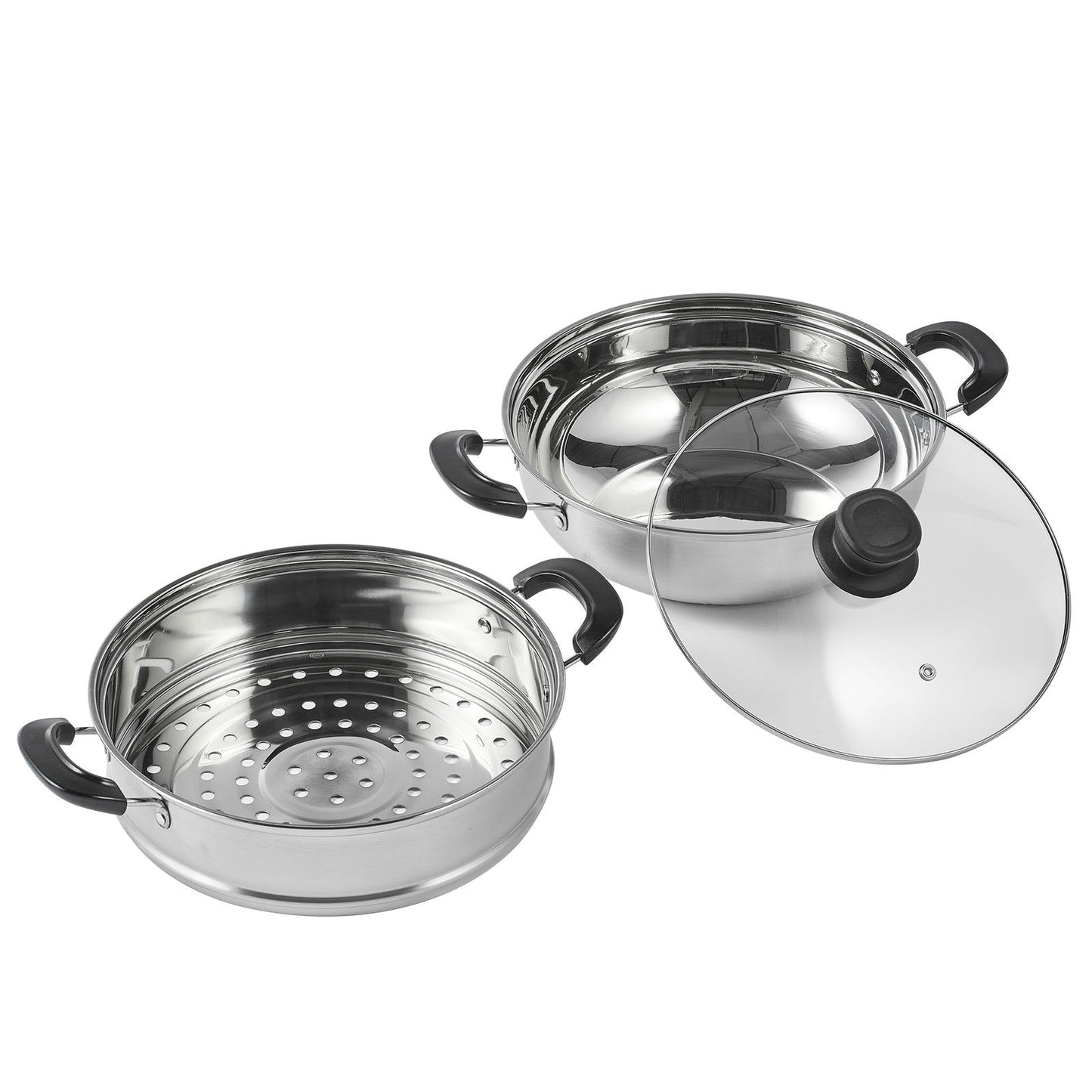 28 cm Stainless Steel Steamer Pot Set with 3QT Stock Pot and Glass Lid