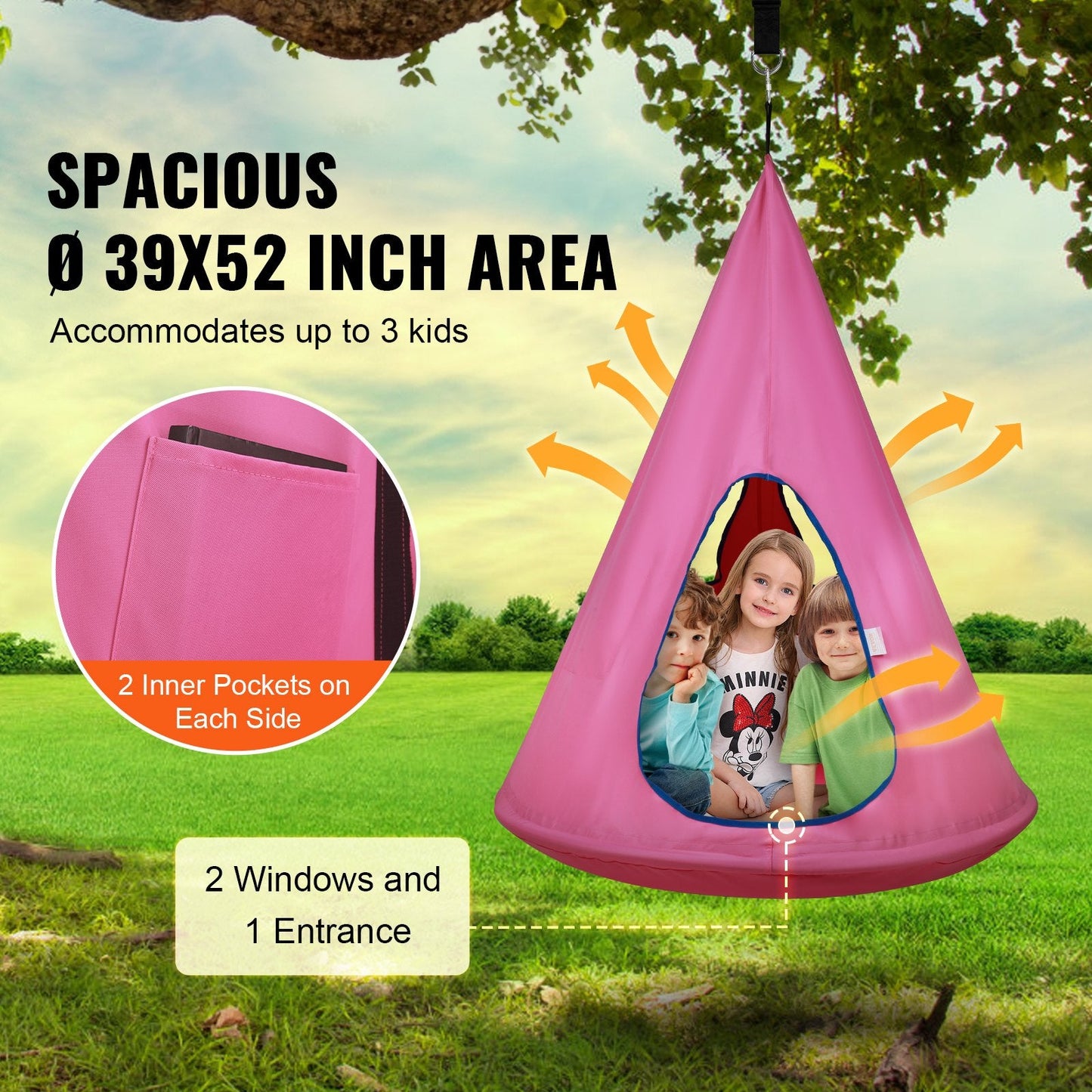 Children's Hanging Hammock Chair with Adjustable Rope, 113 kg Capacity, Pink