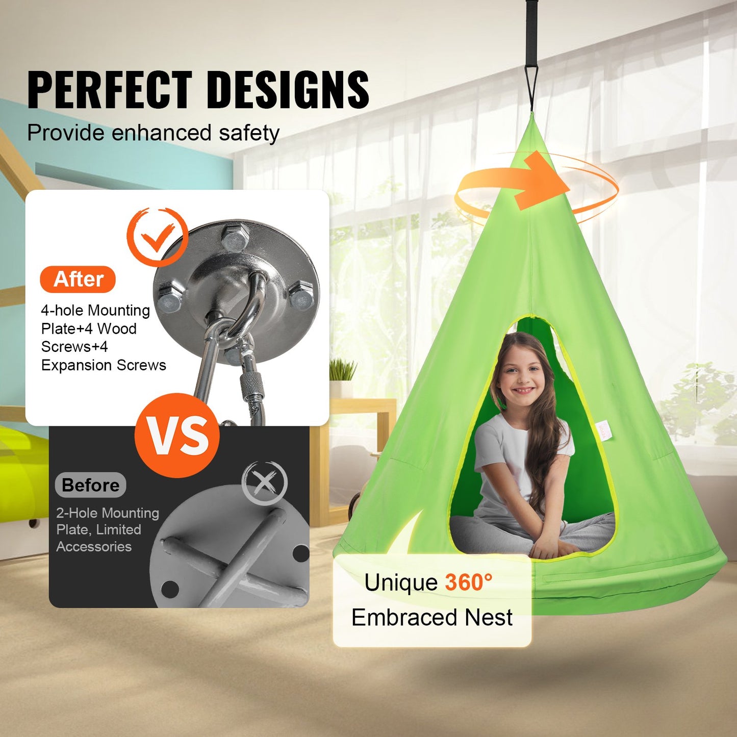 VEVOR Kids Nest Swing Chair, Hanging Hammock Chair with Adjustable Rope, Hammock