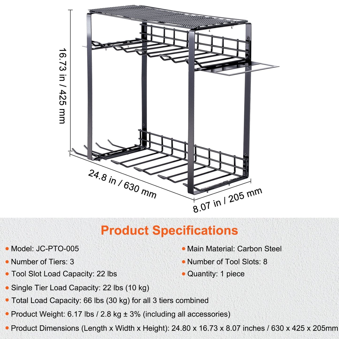 Heavy-Duty Tool Organizer Wall Mount, 8 Slots, 3 Layers, Holds Up to 30 kg