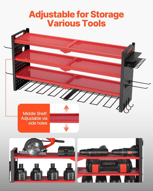Power Tool Organizer Wall Mount, 4-Layer Storage Rack with 8 Drill Holders, Tools Holder and Storage Rack with Side Pegboards, Garage Tool Organizer for Garage, Workbench, and Workshop
