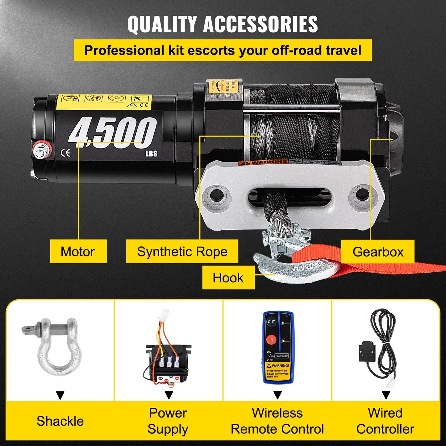 Electric Winch 2041 kg with Synthetic Rope & Wireless Remote, 12V for UTV/ATV