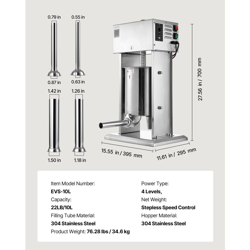 Electric Sausage Stuffer, 22 LBS / 10 L Vertical Meat Stuffer, Stepless Speed Control and Foot Pedal, Stainless Steel Heavy Duty Sausage Filler with 4 Stuffing Tubes, for Commercial & Home Use