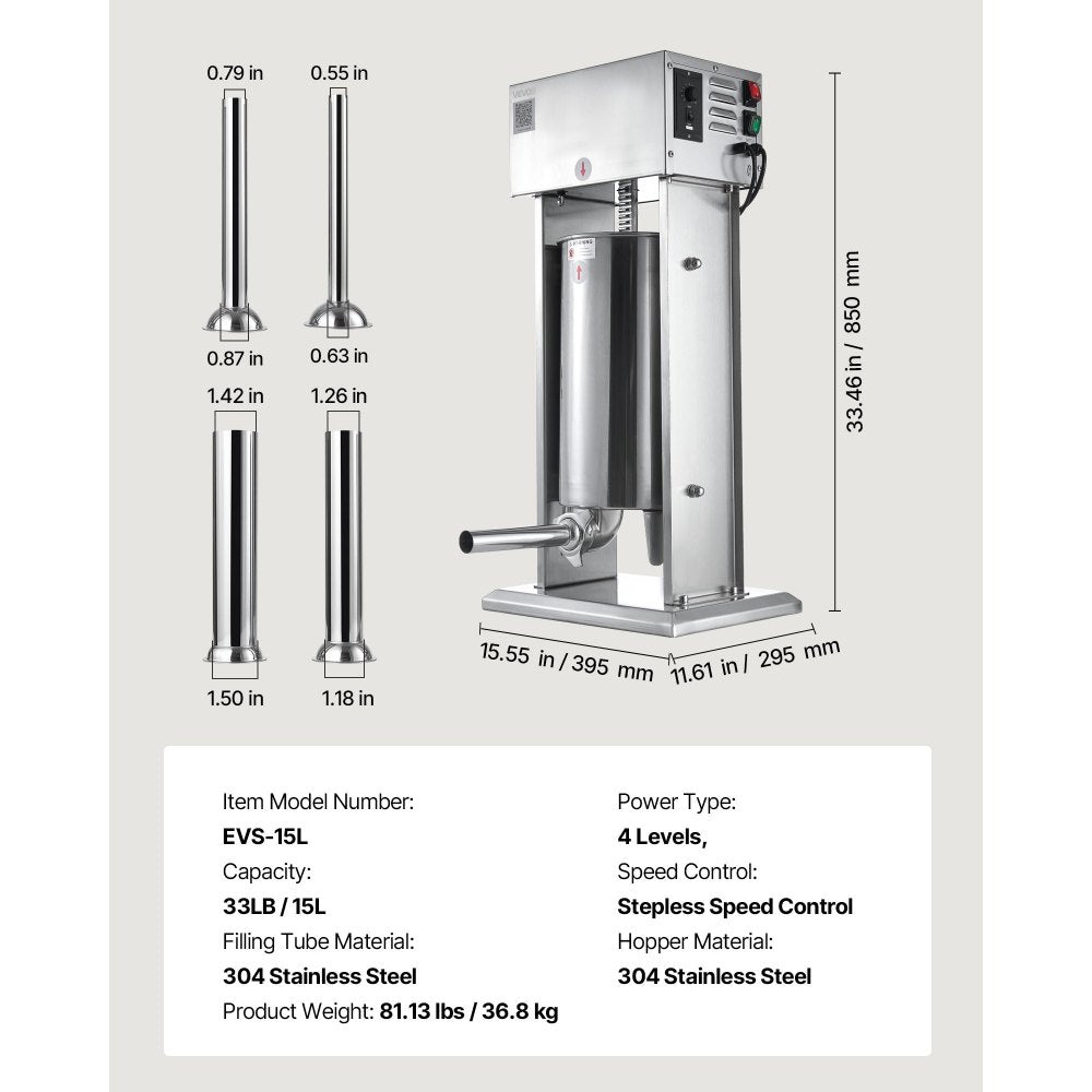 Electric Sausage Stuffer, 33 LBS / 15 L Vertical Meat Stuffer, Stepless Speed Control and Foot Pedal, Stainless Steel Heavy Duty Sausage Filler with 4 Stuffing Tubes, for Commercial & Home Use