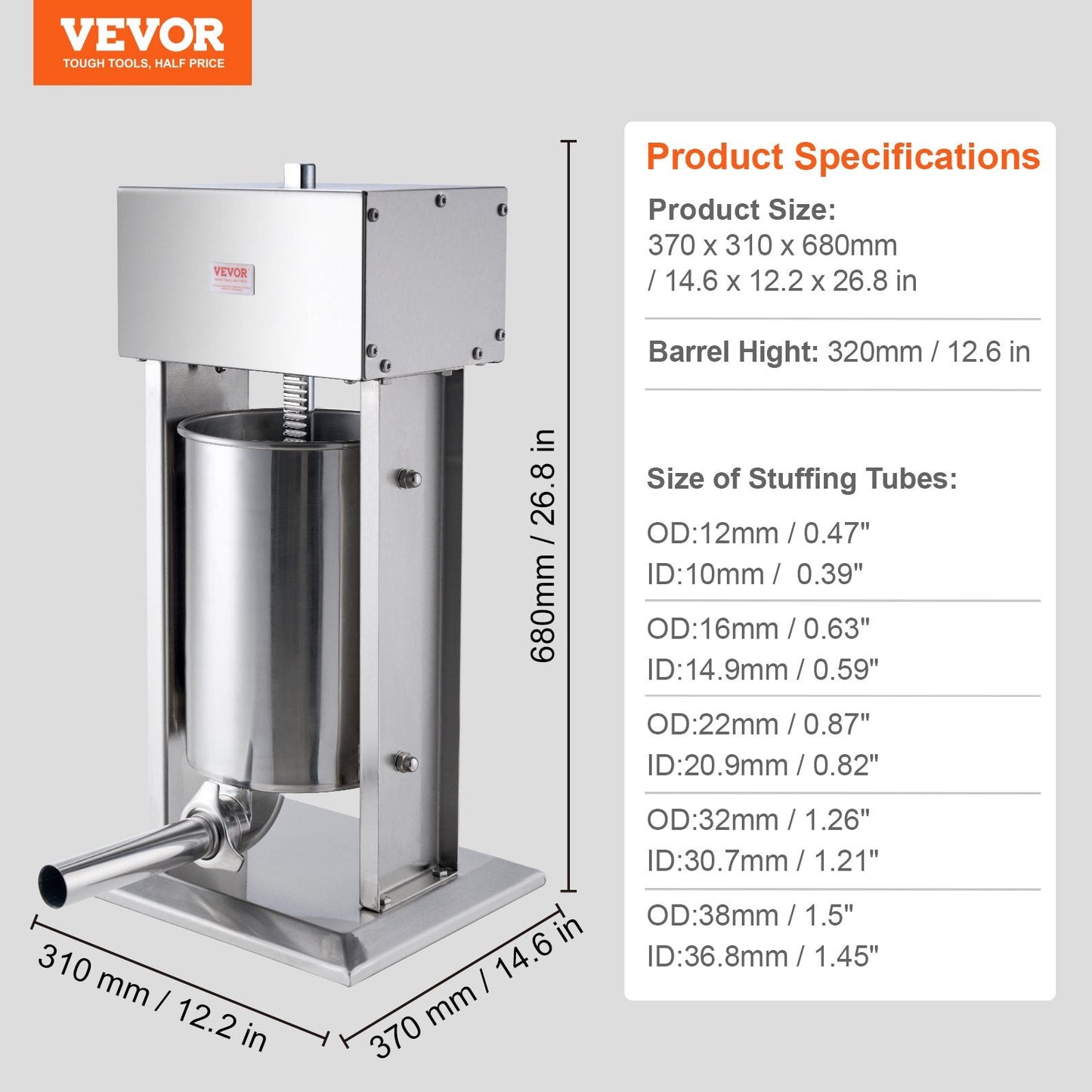 Electric 12L Vertical Sausage Stuffer, 304 Stainless Steel, Commercial Use