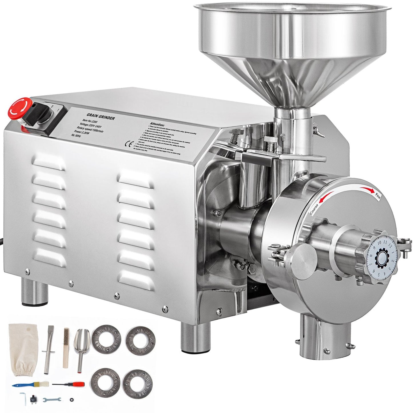 Electric Grain Grinder 2200W, 50KG Capacity, Stainless Steel, Adjustable Fineness