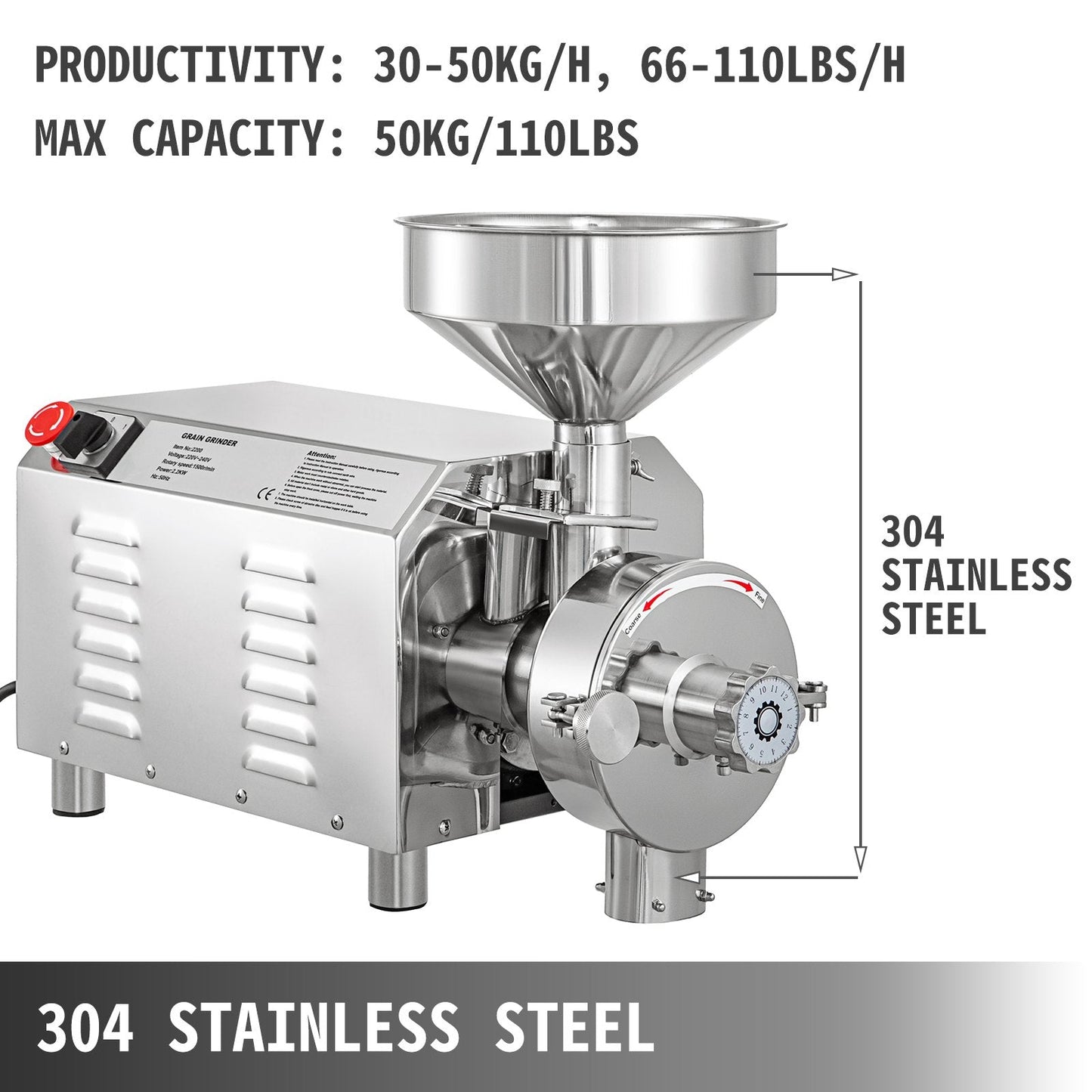 Electric Grain Grinder 2200W, 50KG Capacity, Stainless Steel, Adjustable Fineness