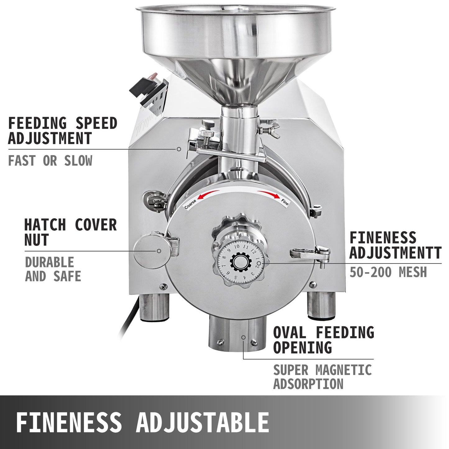 Electric Grain Grinder 2200W, 50KG Capacity, Stainless Steel, Adjustable Fineness