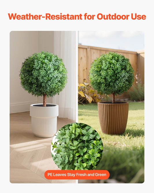 Artificial Topiary Boxwood Trees with Ground Spike, 2 Set 686mm Faux Shrubs & Bushes Potted Plants, Fake Silk Tree Look Real for Decor Front Porch Outdoor Indoor Patio Garden Balcony Backyard