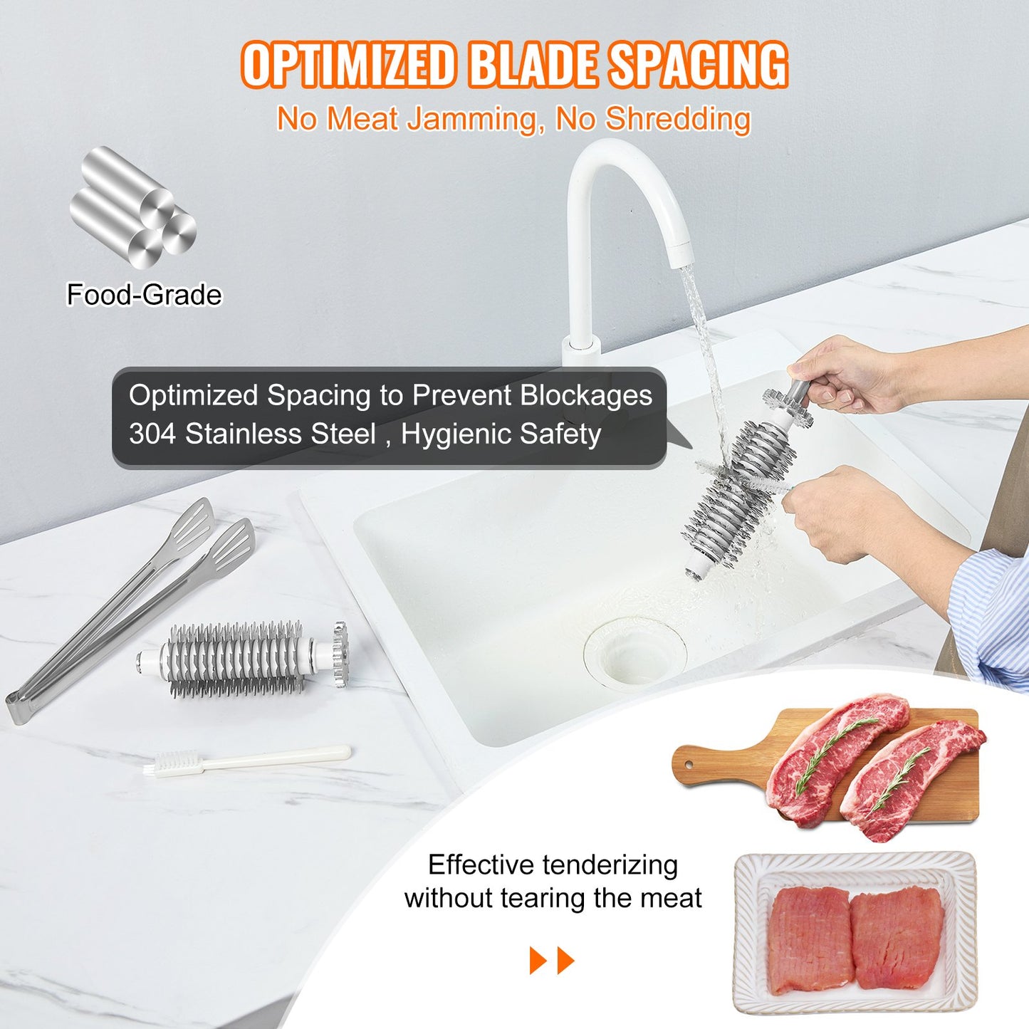 VEVOR Commercial Meat Tenderizer, Heavy Duty Stainless Steel Kitchen Tool with Handle,
