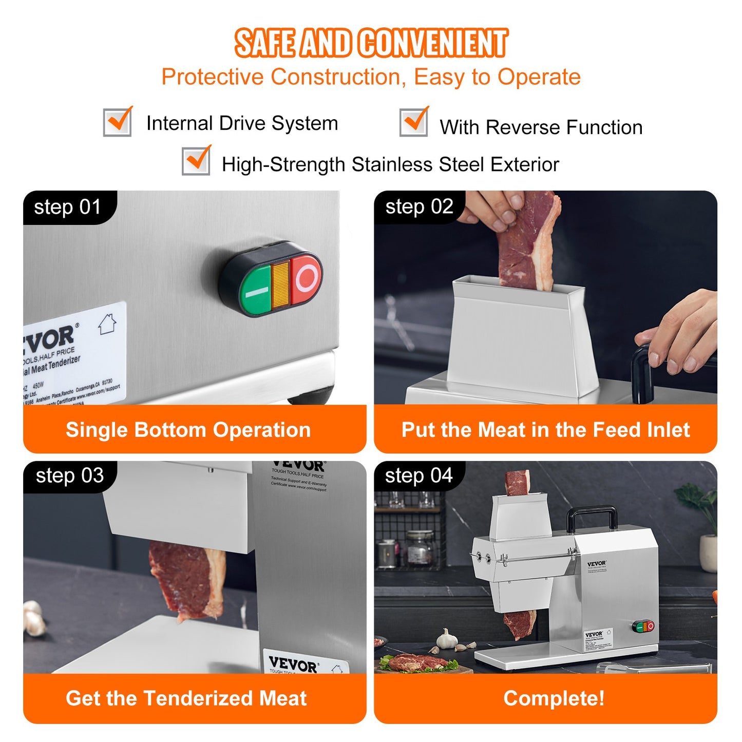 VEVOR Commercial Meat Tenderizer, Heavy Duty Stainless Steel Kitchen Tool with Handle,