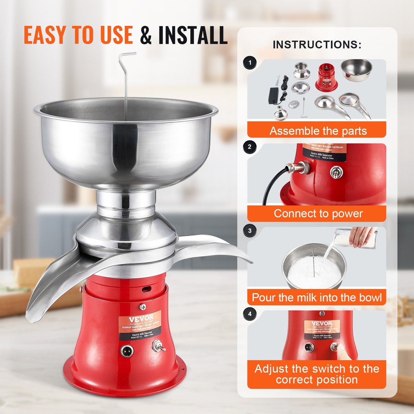 Electric Milk & Cream Separator, Stainless Steel, 100L/H, 5L Bowl, 30W, 10,500 RPM