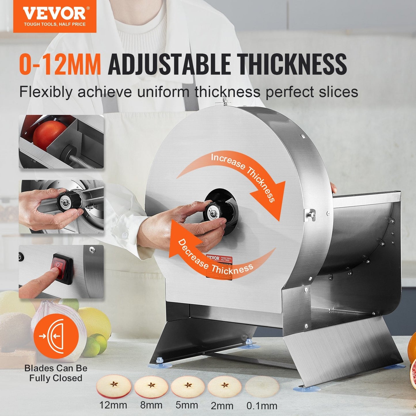 Electric Vegetable Slicer, Adjustable 0-12mm Thickness, Stainless Steel Cutter