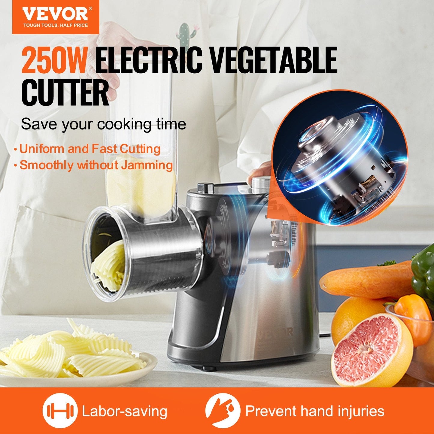Electric 250W Vegetable & Cheese Slicer with 5 Attachments, Stainless Steel