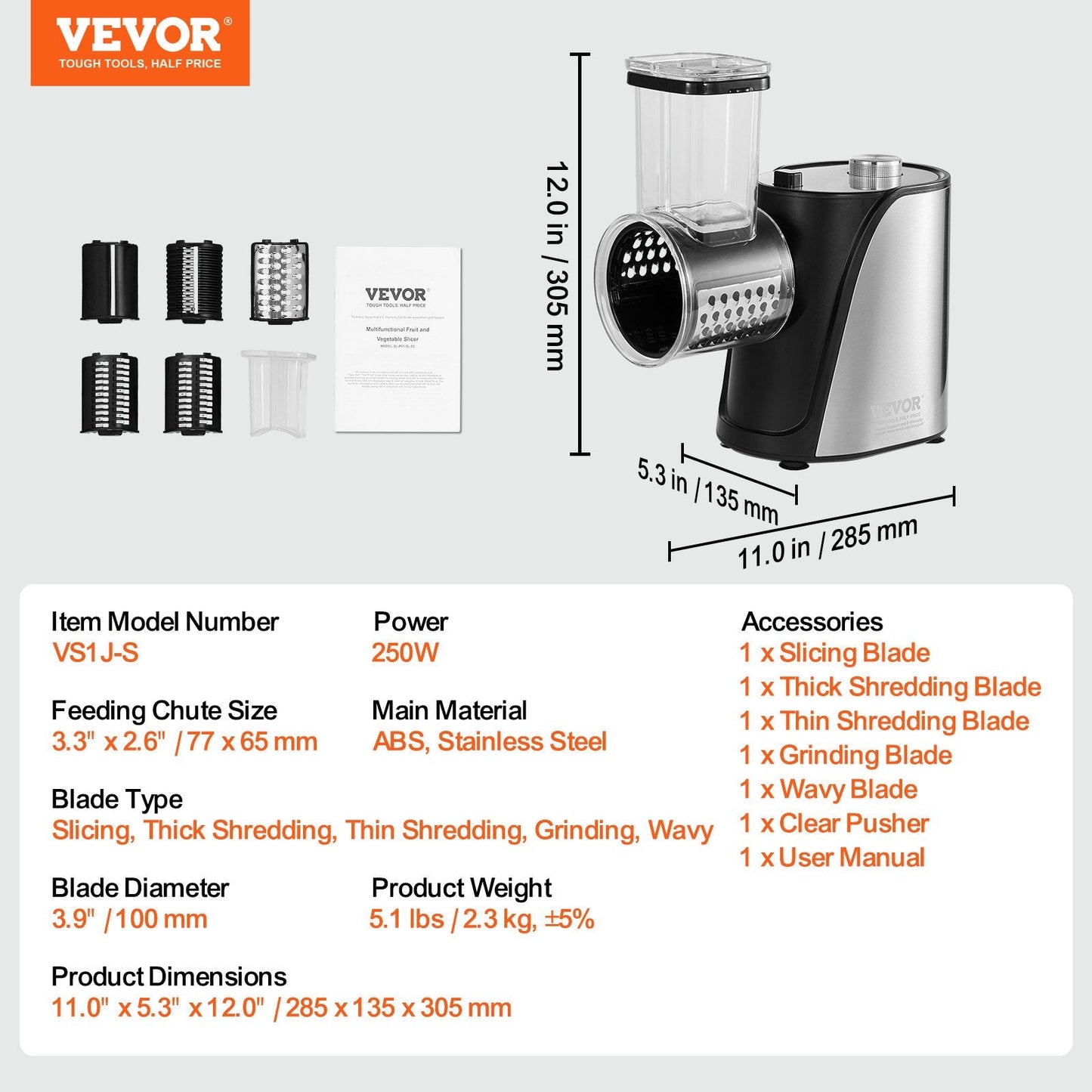 Electric 250W Vegetable & Cheese Slicer with 5 Attachments, Stainless Steel