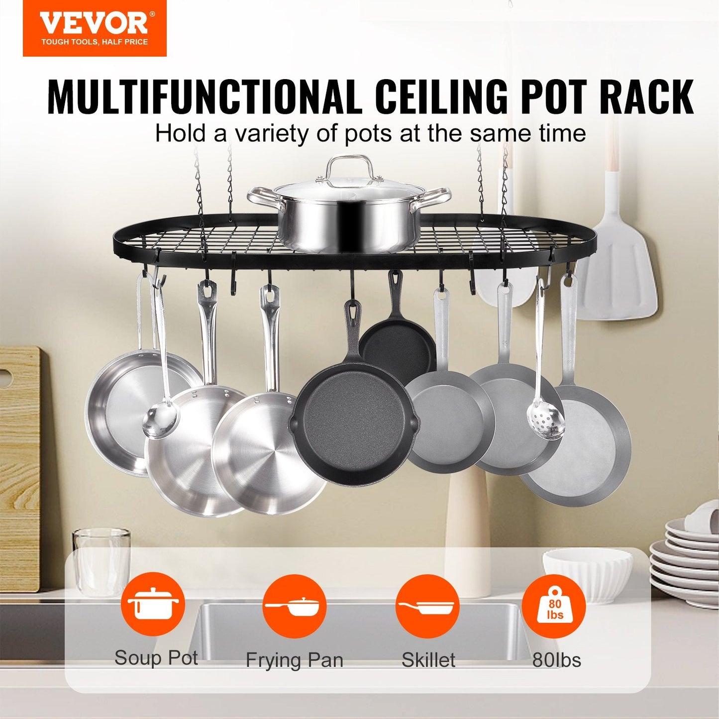 Ceiling Mounted Pot Rack with 12 Hooks, Carbon Steel, 36 kg Capacity, Easy Install