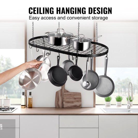 Ceiling Mounted Pot Rack with 12 Hooks, Carbon Steel, 36 kg Capacity, Easy Install