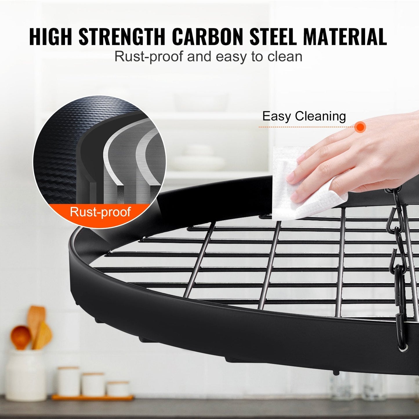 Ceiling Mounted Pot Rack with 12 Hooks, Carbon Steel, 36 kg Capacity, Easy Install