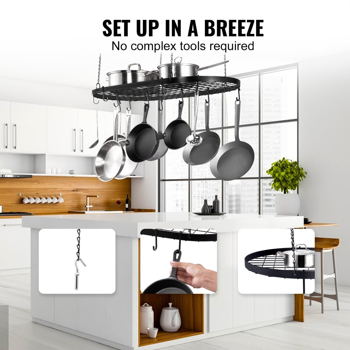 Ceiling Mounted Pot Rack with 12 Hooks, Carbon Steel, 36 kg Capacity, Easy Install