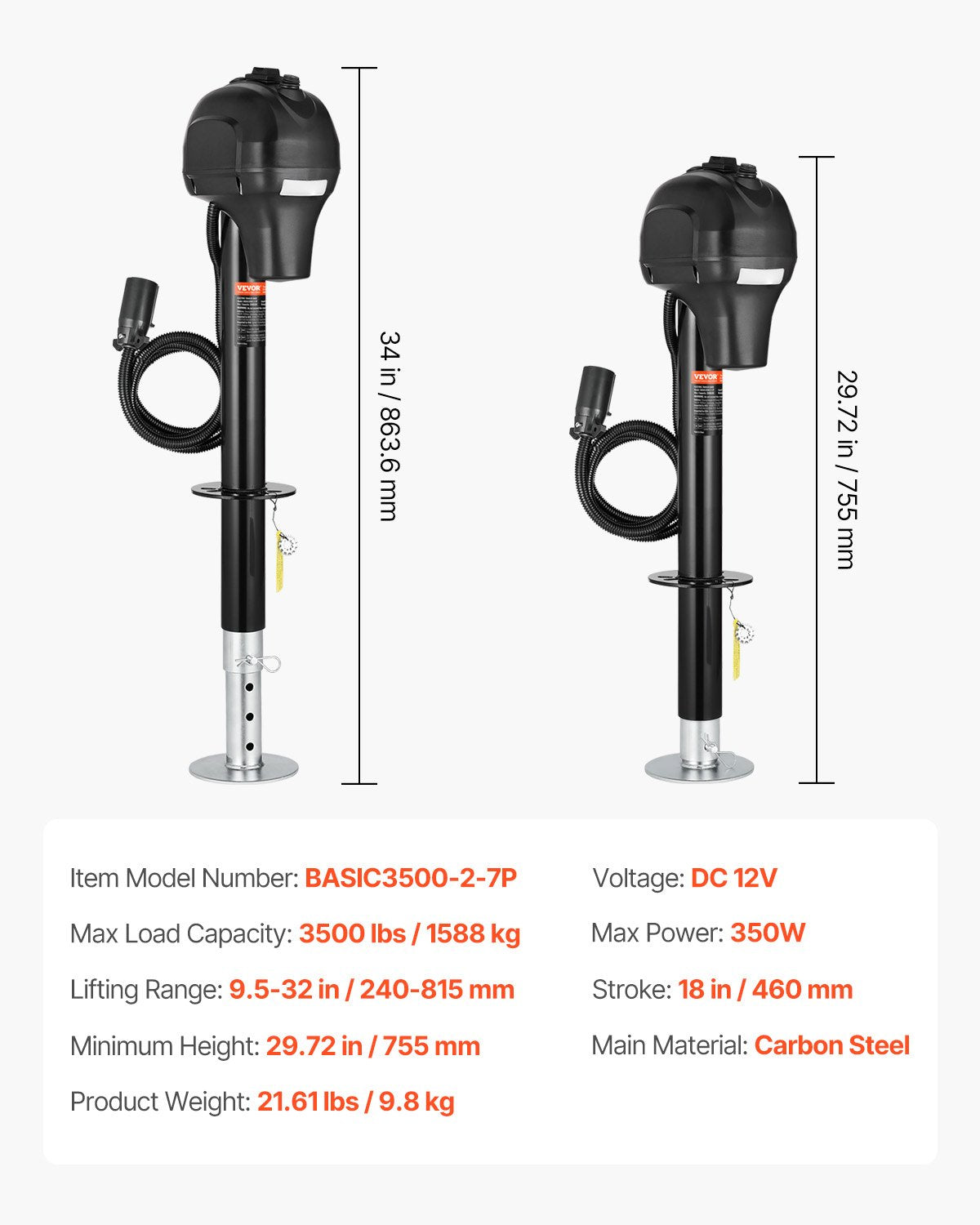 VEVOR Electric Trailer Jack 3500 lbs Power Tongue Jack for RV Trailer & Camper