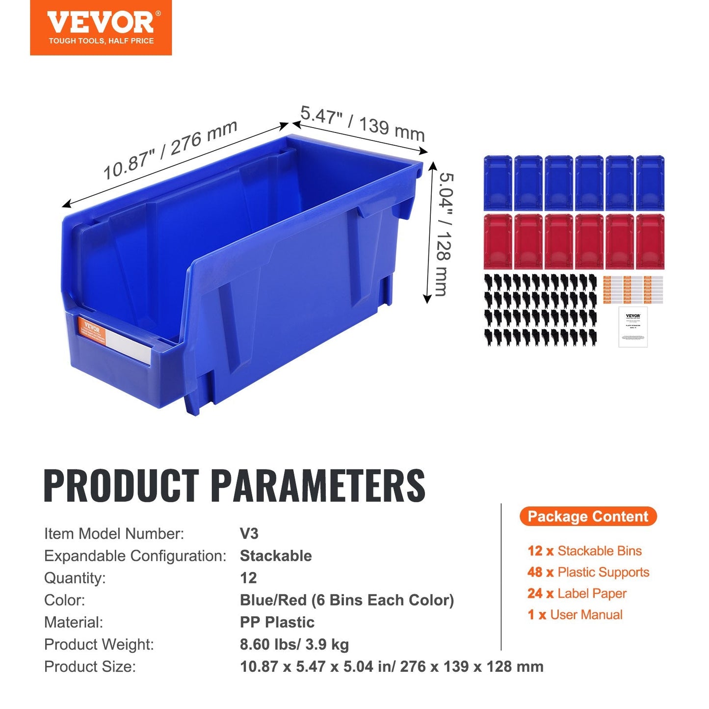 Stackable Storage Bins, 276 x 139 x 128 mm, 12-Pack, Blue/Red, Heavy Duty Organizer