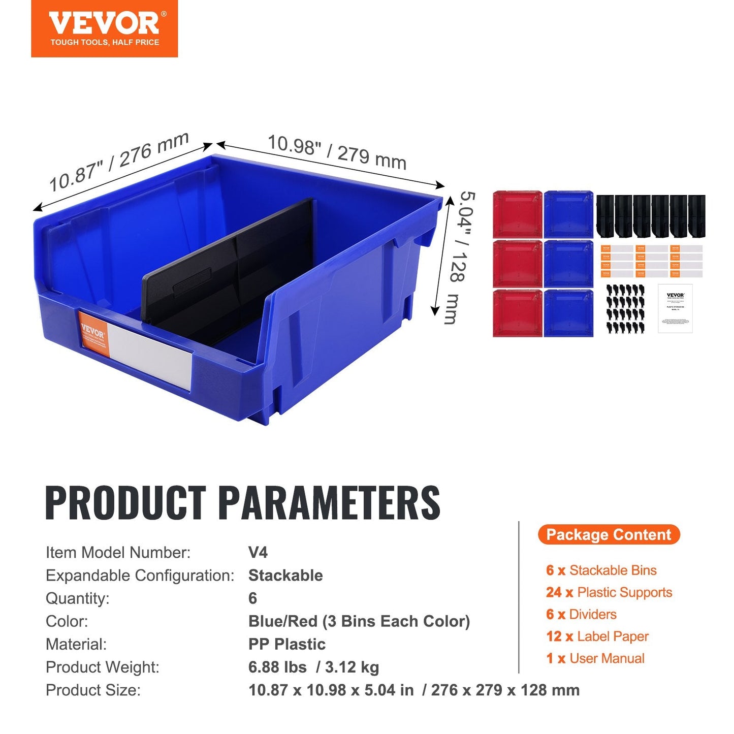 Stackable Plastic Storage Bins, 6-Pack, 276 x 279 x 128 mm, Blue/Red, 3.12 kg