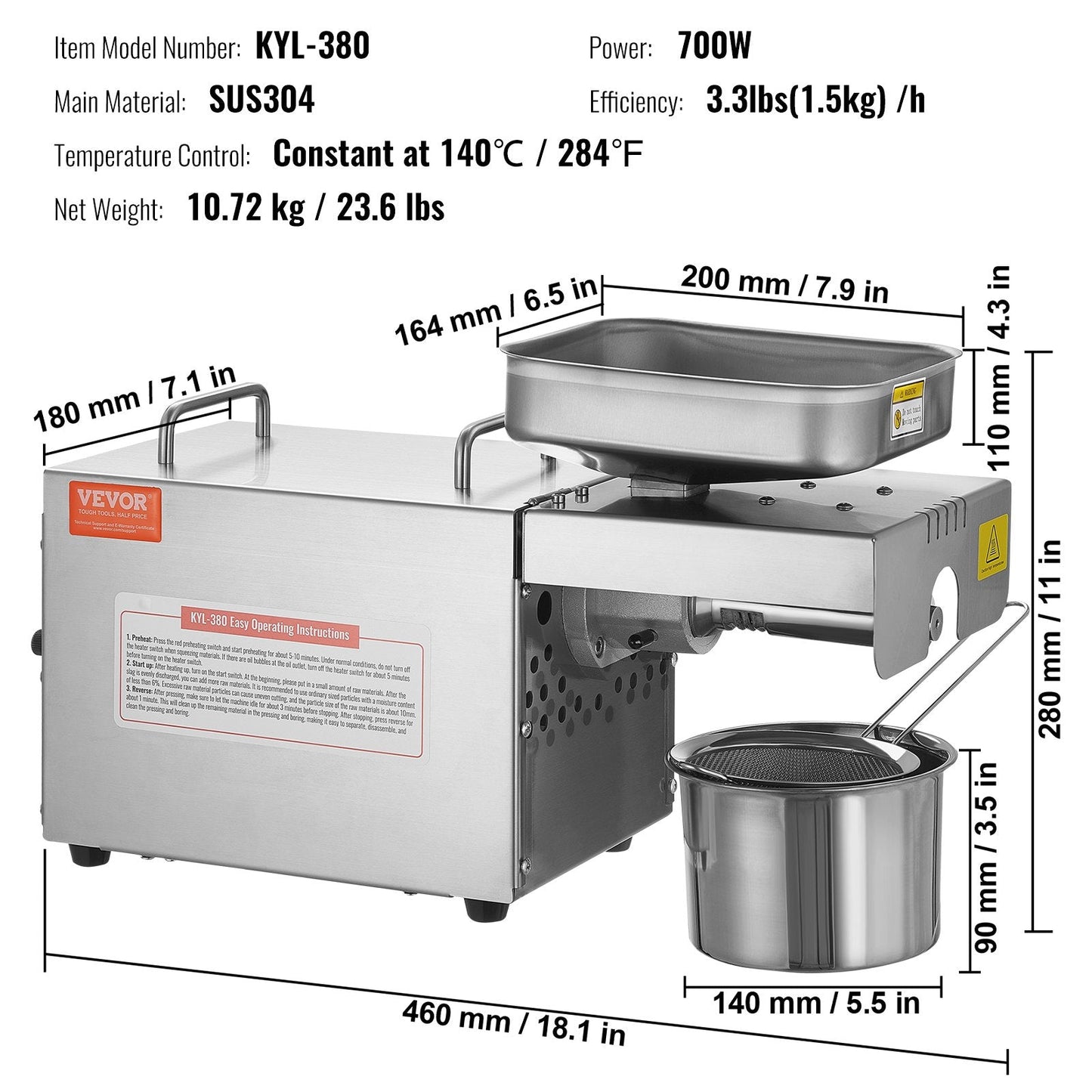 Electric Oil Press Machine, 700W Stainless Steel Extractor, 1.5kg/h, 140°C