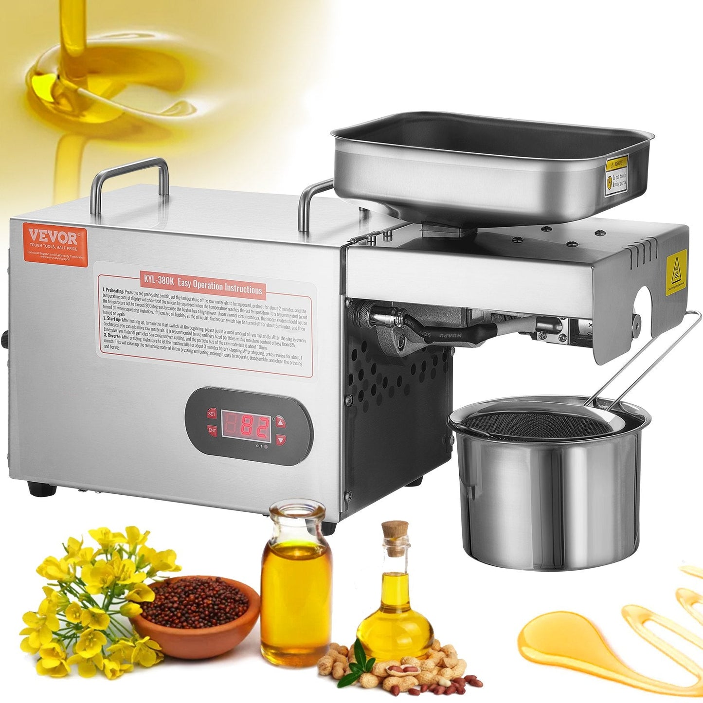 Electric Oil Press Machine, 850W Stainless Steel Oil Extractor, 0-300℃ Adjustable