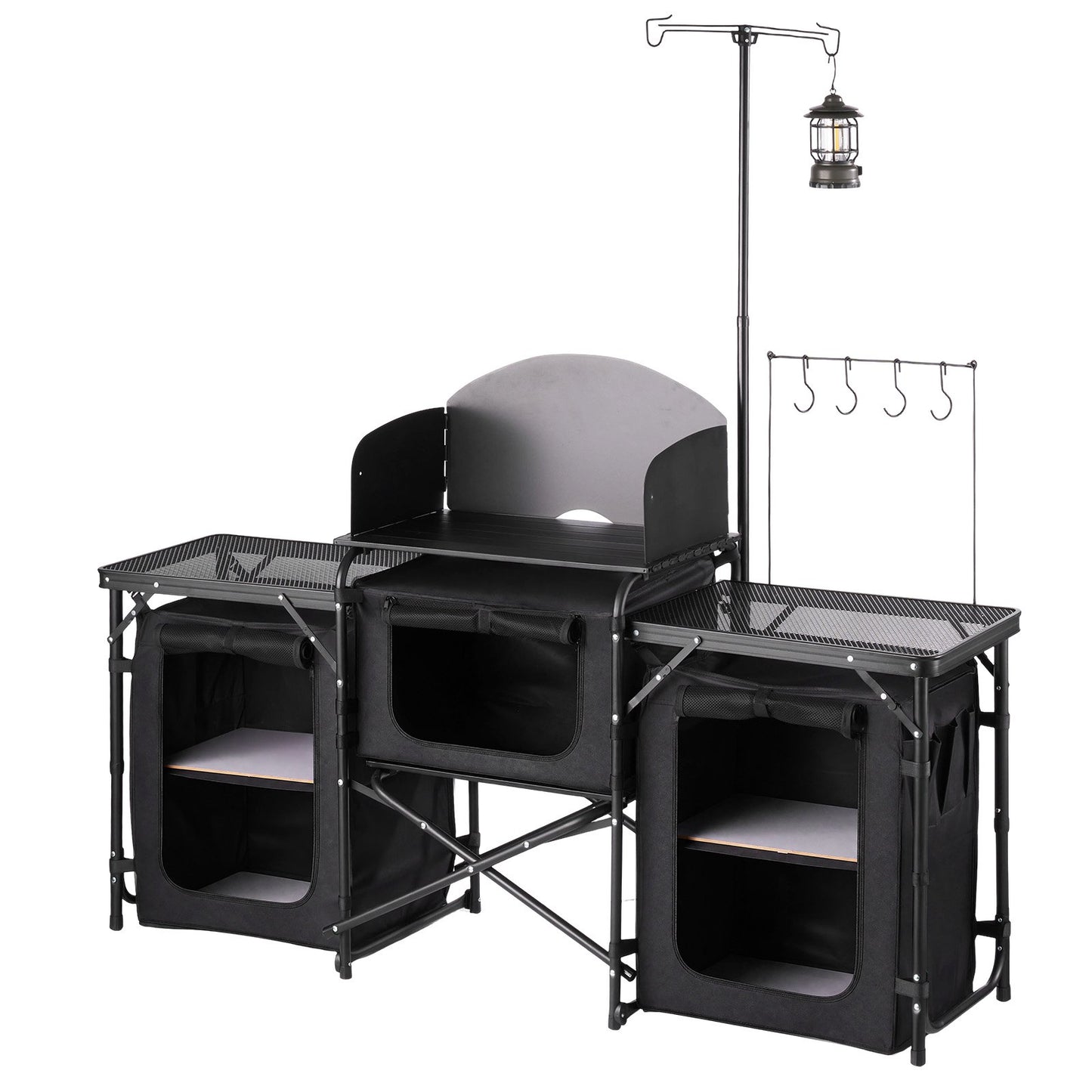 Folding Camping Table, Outdoor Portable Table, Quick Set-up Kitchen Cook Station, with Storage Organizer, Telescoping Legs, a Detachable Windscreen, Carrying Bag, for Picnic BBQ RV Traveling