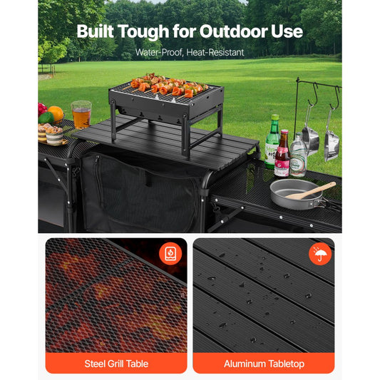 Camping Kitchen Table Portable Outdoor Cook Station Windshield Cupboards