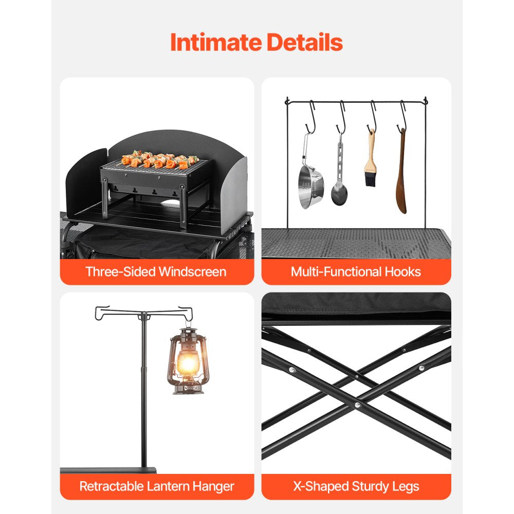 Camping Kitchen Table Portable Outdoor Cook Station Windshield Cupboards