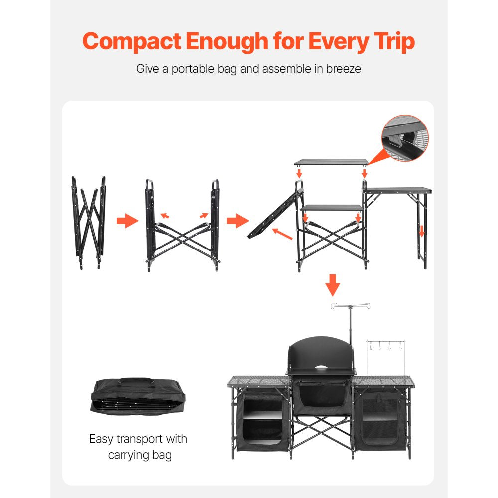 Camping Kitchen Table Portable Outdoor Cook Station Windshield Cupboards