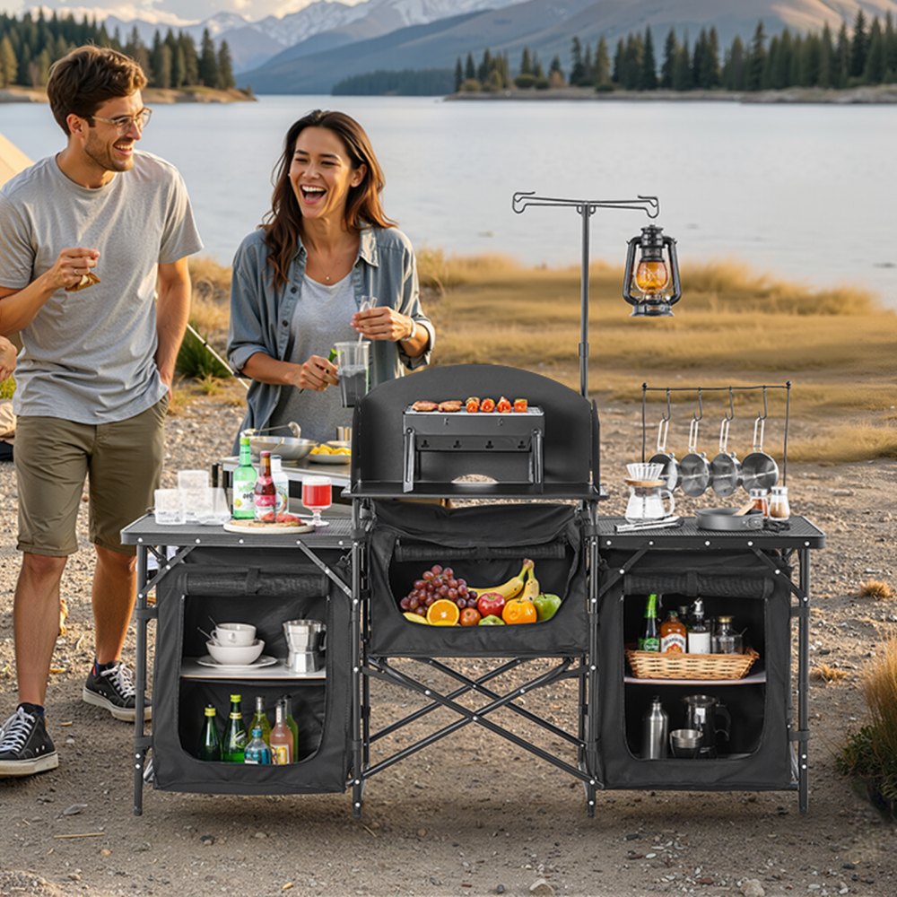 Camping Kitchen Table Portable Outdoor Cook Station Windshield Cupboards