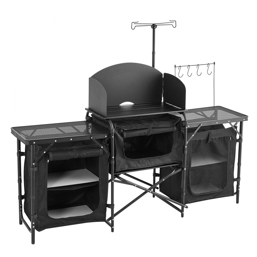 Camping Kitchen Table Portable Outdoor Cook Station Windshield Cupboards