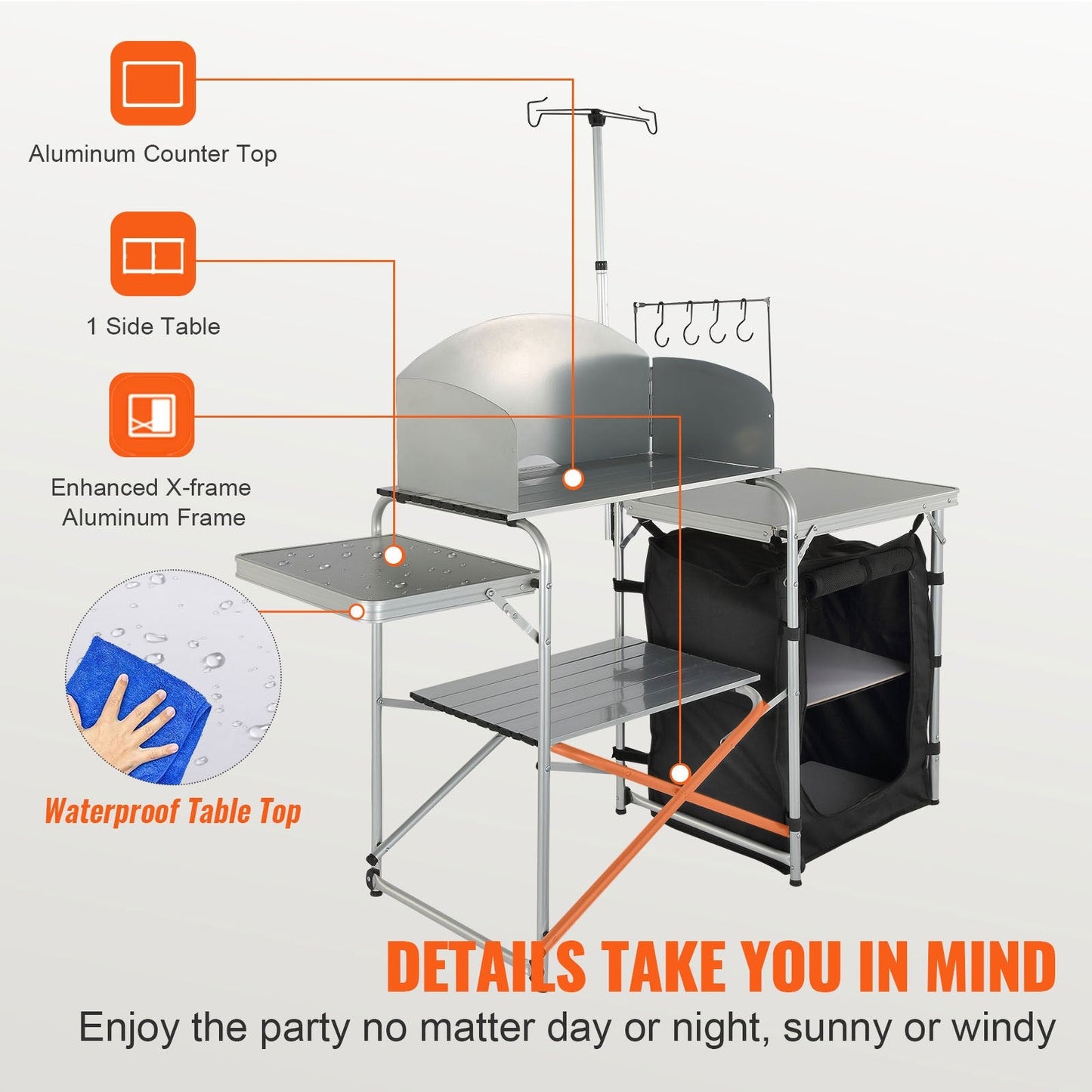 Portable Camping Kitchen Table with Cupboard & Windscreen, Folding Design