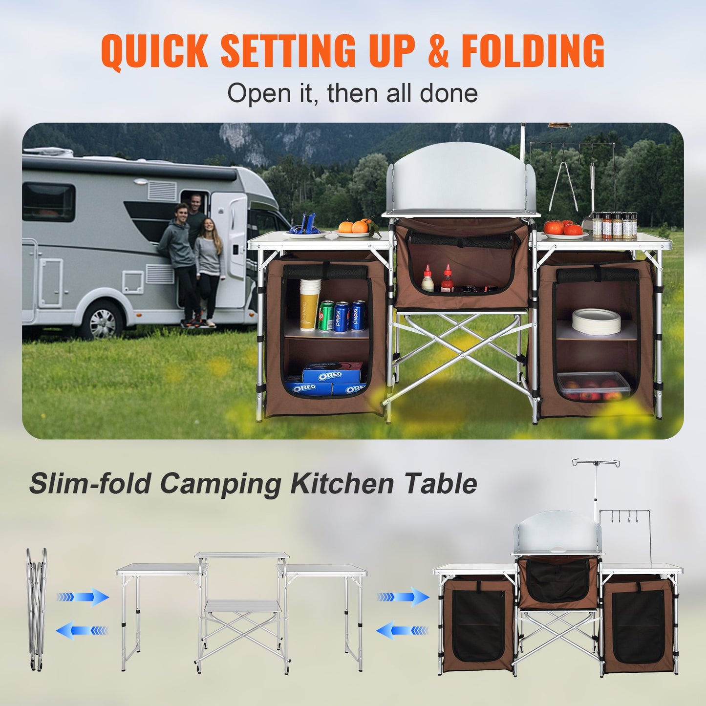VEVOR Camping Kitchen Table, Folding Outdoor Cooking Table with Storage Carrying