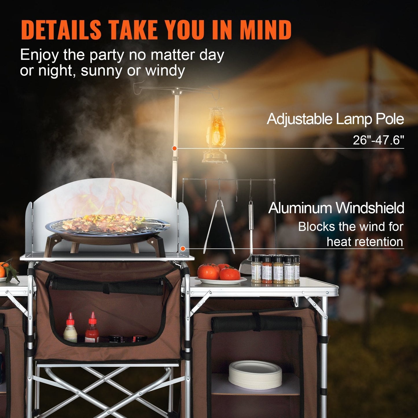 Portable Folding Camping Kitchen Table with Storage and Windscreen