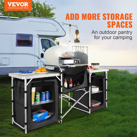 Portable camp cook station includes three storage cupboards, shelves, hooks, and a side tabletop