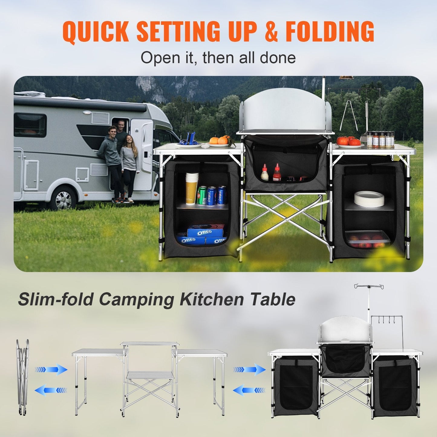 Folding Camping Kitchen Table with Storage, Aluminum Cook Station & Windscreen